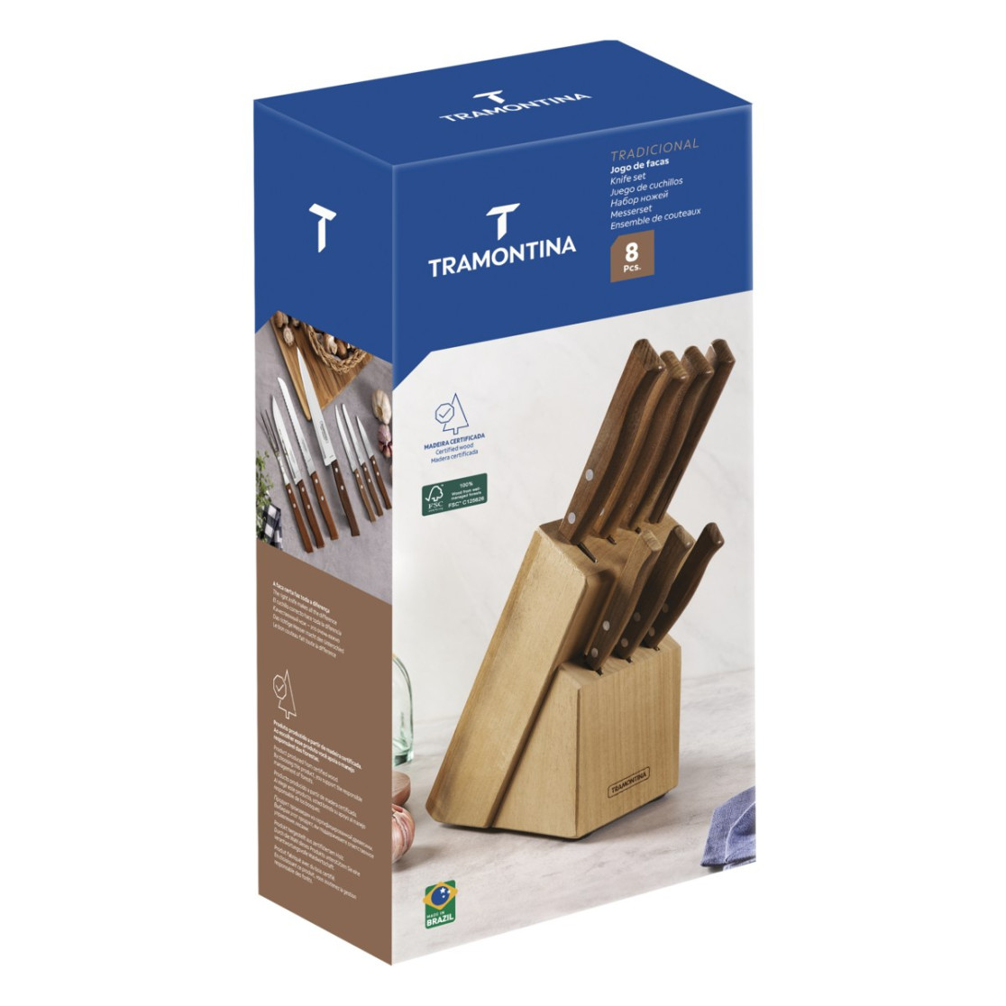 Jogo de Facas Tramontina Tradicional com Laminas em Aço Inox e Cabos em Madeira Natural com Suporte 8 Peças