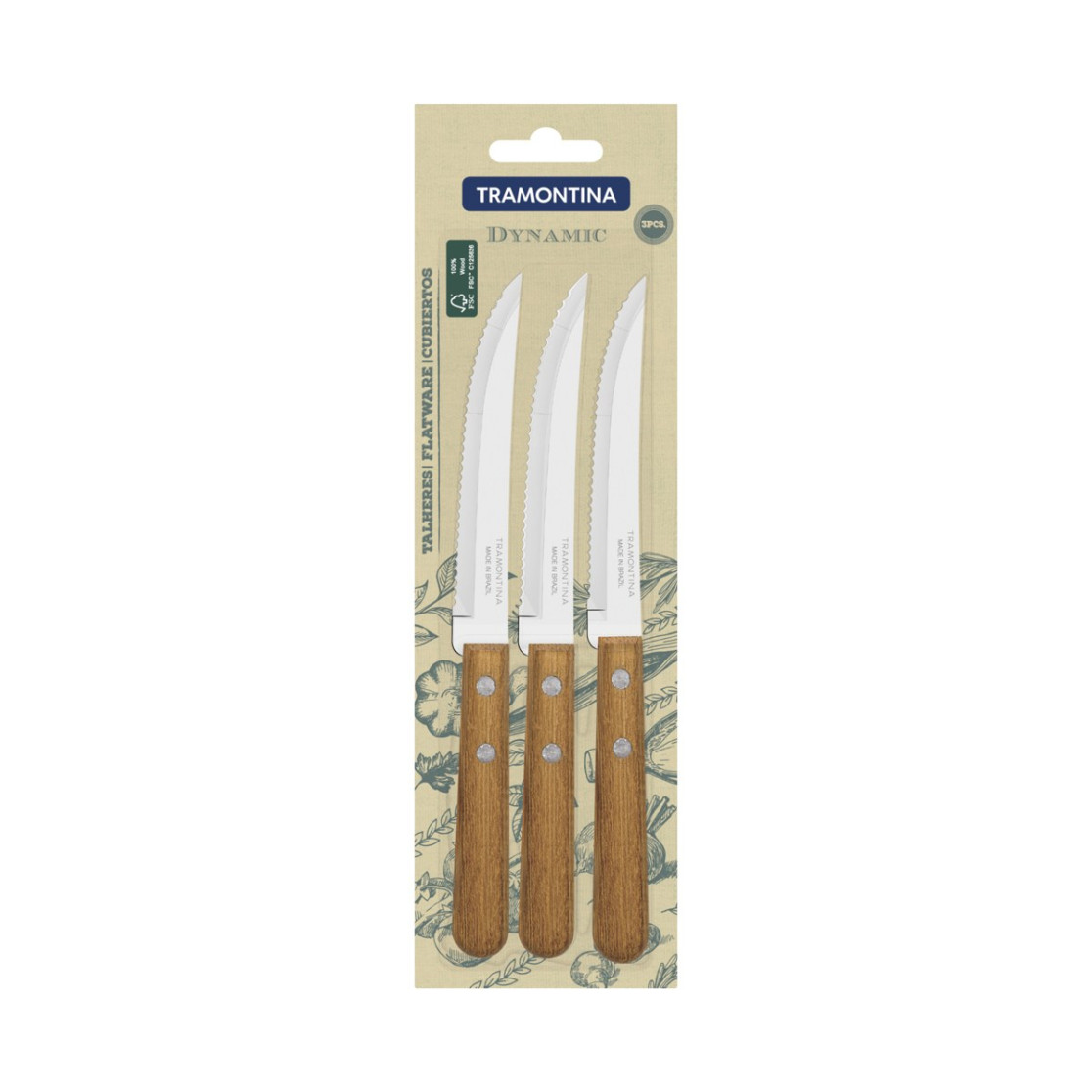 Conjunto de Facas para Churrasco Tramontina Dynamic com Laminas em Aço Inox e Cabos de Madeira Natural 3 Peças