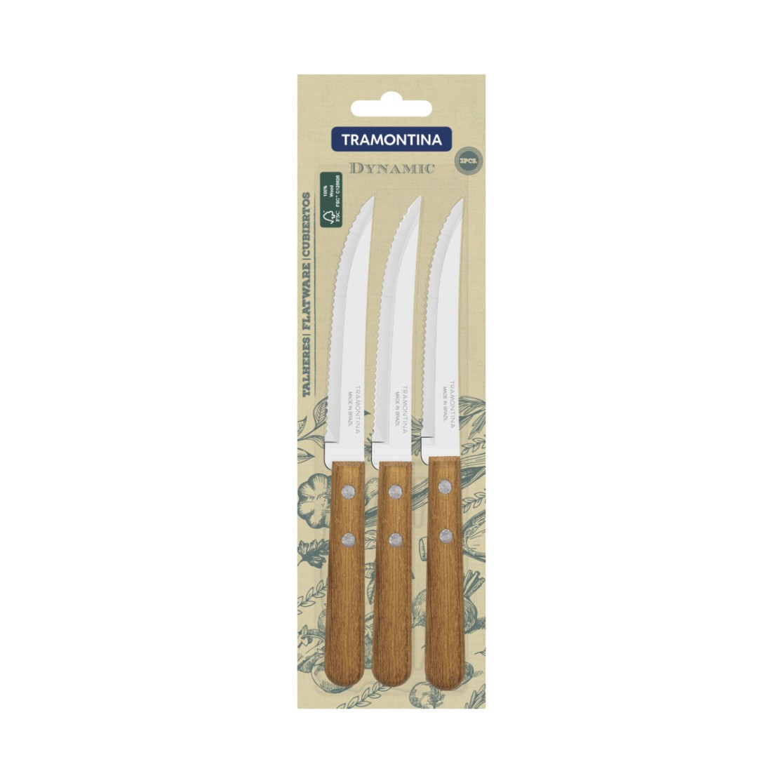 Conjunto de Facas para Churrasco Tramontina Dynamic com Laminas em Aço Inox e Cabos de Madeira Natural 3 Peças