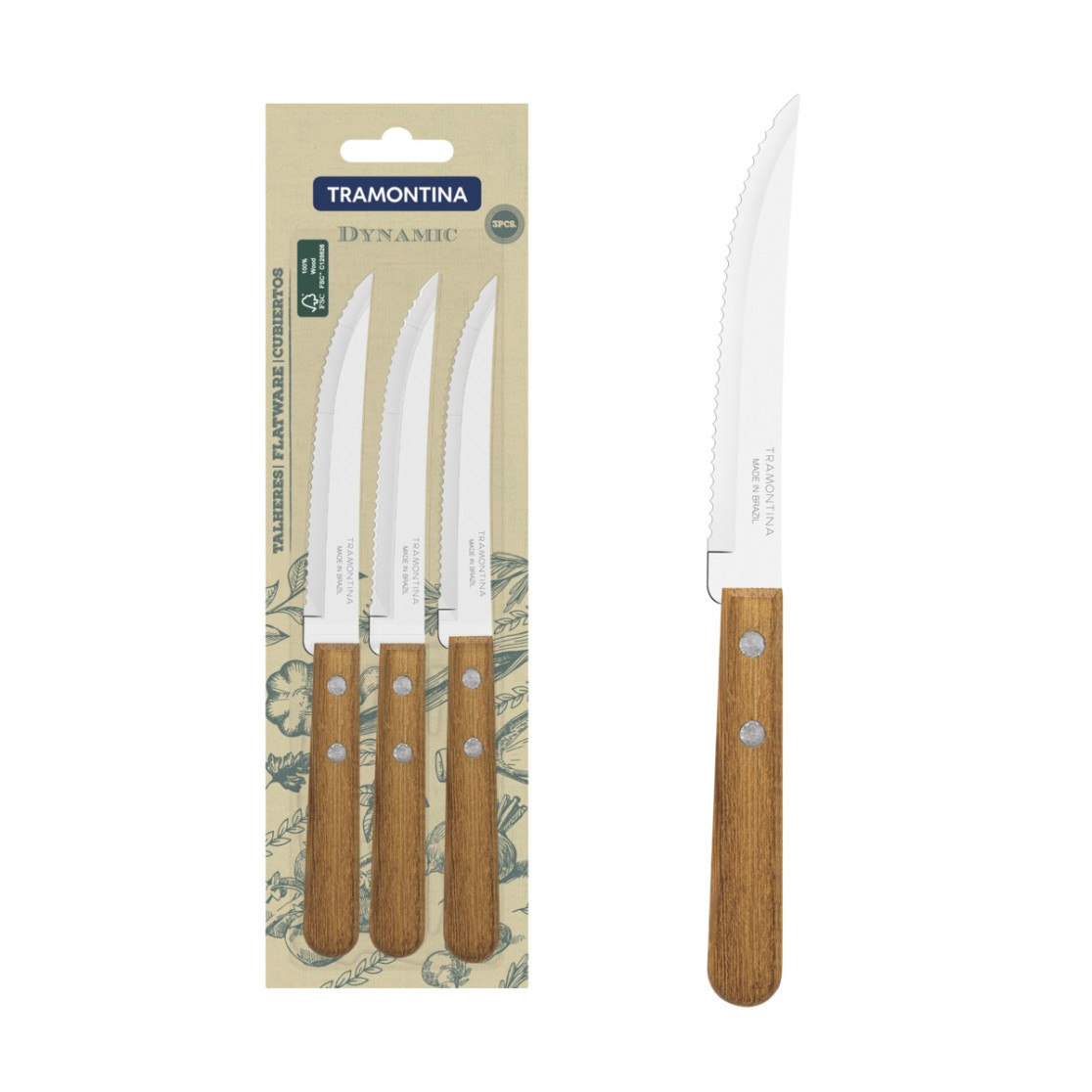 Conjunto de Facas para Churrasco Tramontina Dynamic com Laminas em Aço Inox e Cabos de Madeira Natural 3 Peças