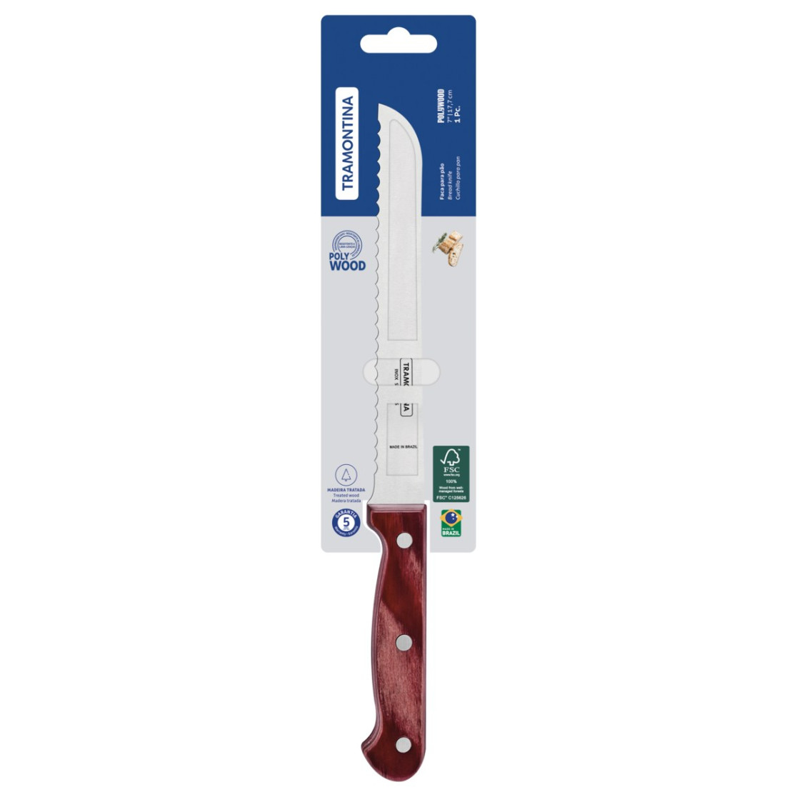 Faca para Pão Tramontina Polywood com Lamina em Aço Inox e Cabo de Madeira Vermelho 7