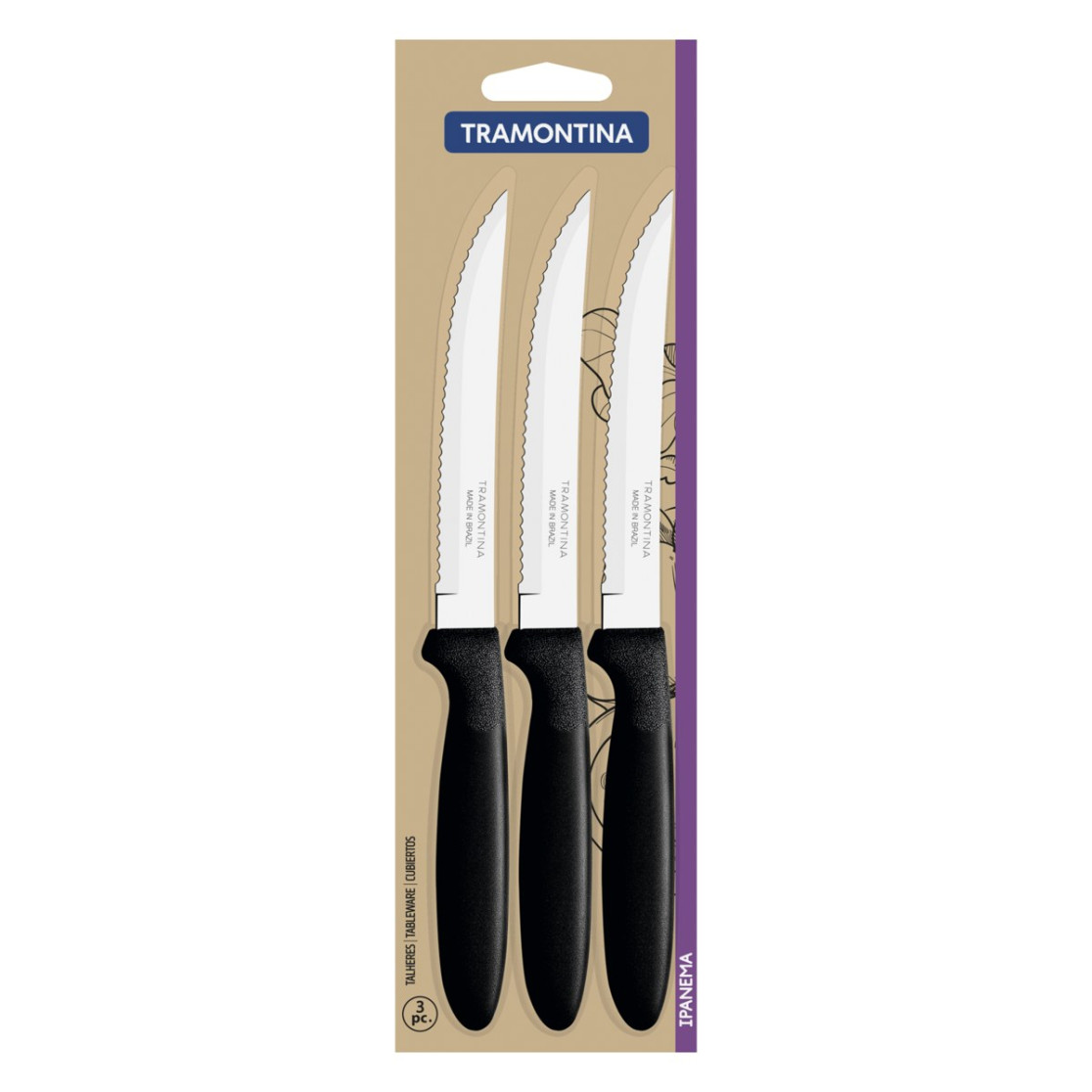Conjunto de Facas para Churrasco Tramontina Ipanema com Laminas em Aço Inox e Cabos de Polipropileno Preto 3 Peças