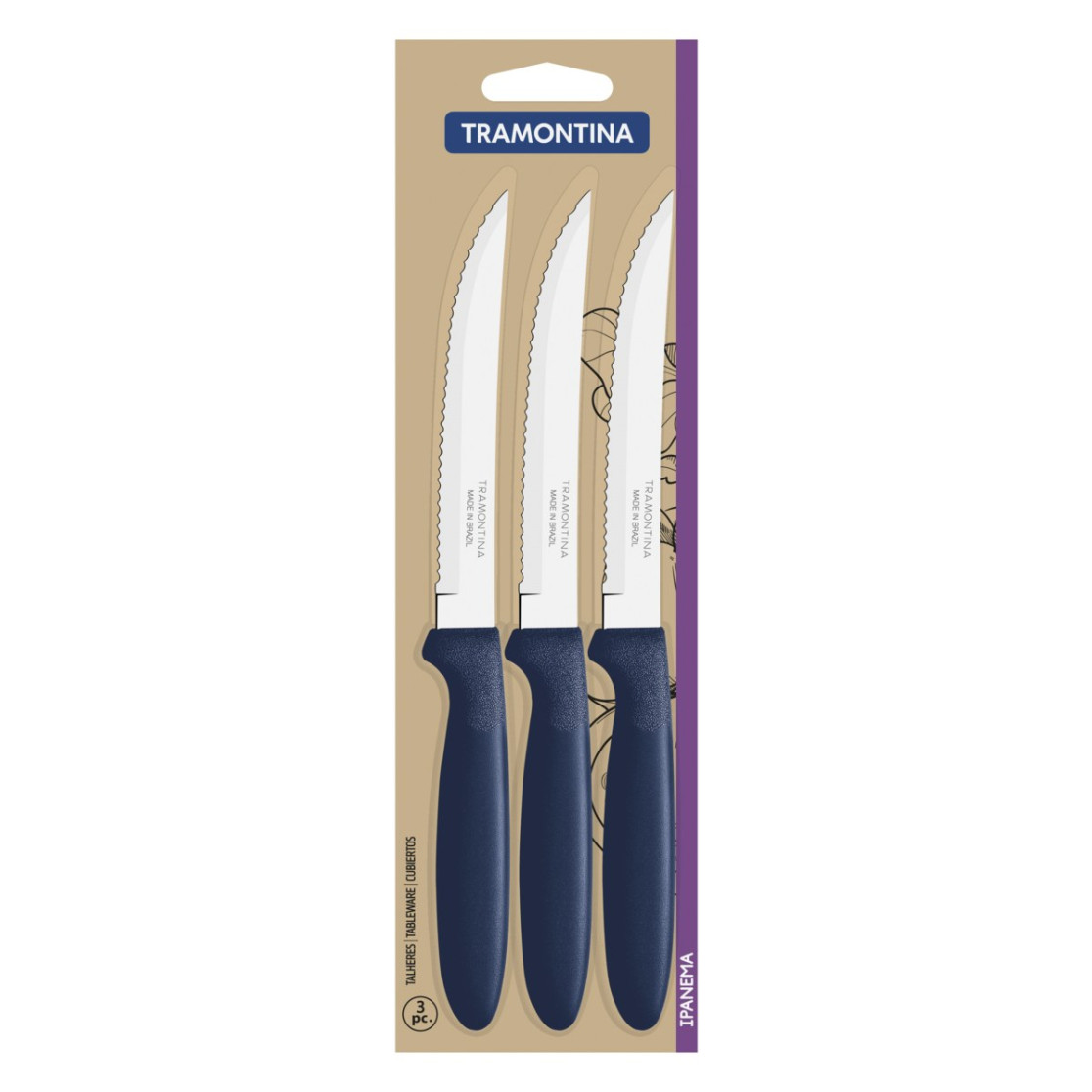 Conjunto de Facas para Churrasco Tramontina Ipanema com Laminas em Aço Inox e Cabos de Polipropileno Azul 3 Peças