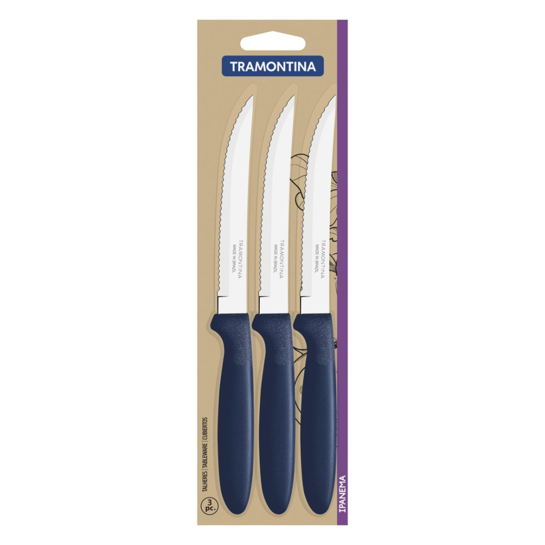 Conjunto de Facas para Churrasco Tramontina Ipanema com Laminas em Aço Inox e Cabos de Polipropileno Azul 3 Peças