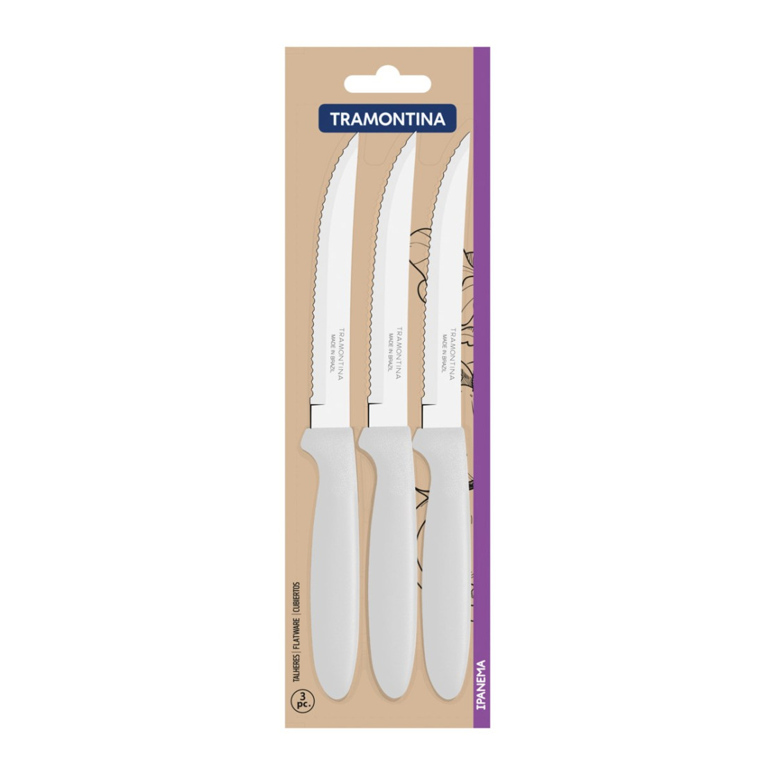 Conjunto de Facas para Churrasco Tramontina Ipanema com Laminas em Aço Inox e Cabos de Polipropileno Branco 3 Peças