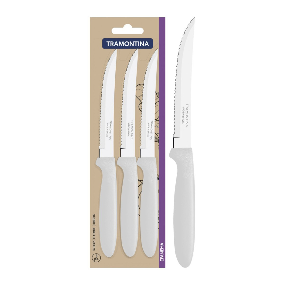 Conjunto de Facas para Churrasco Tramontina Ipanema com Laminas em Aço Inox e Cabos de Polipropileno Branco 3 Peças