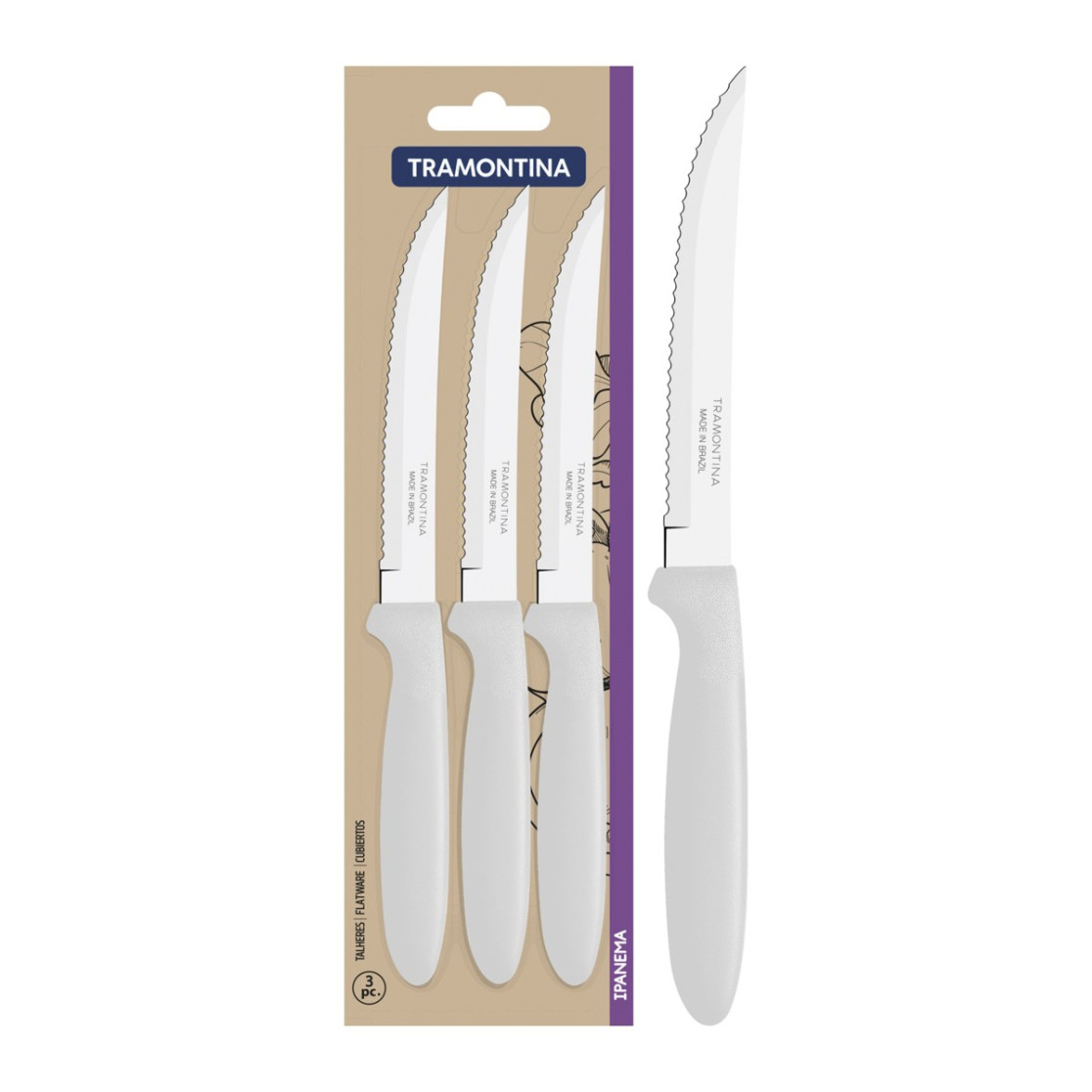 Conjunto de Facas para Churrasco Tramontina Ipanema com Laminas em Aço Inox e Cabos de Polipropileno Branco 3 Peças