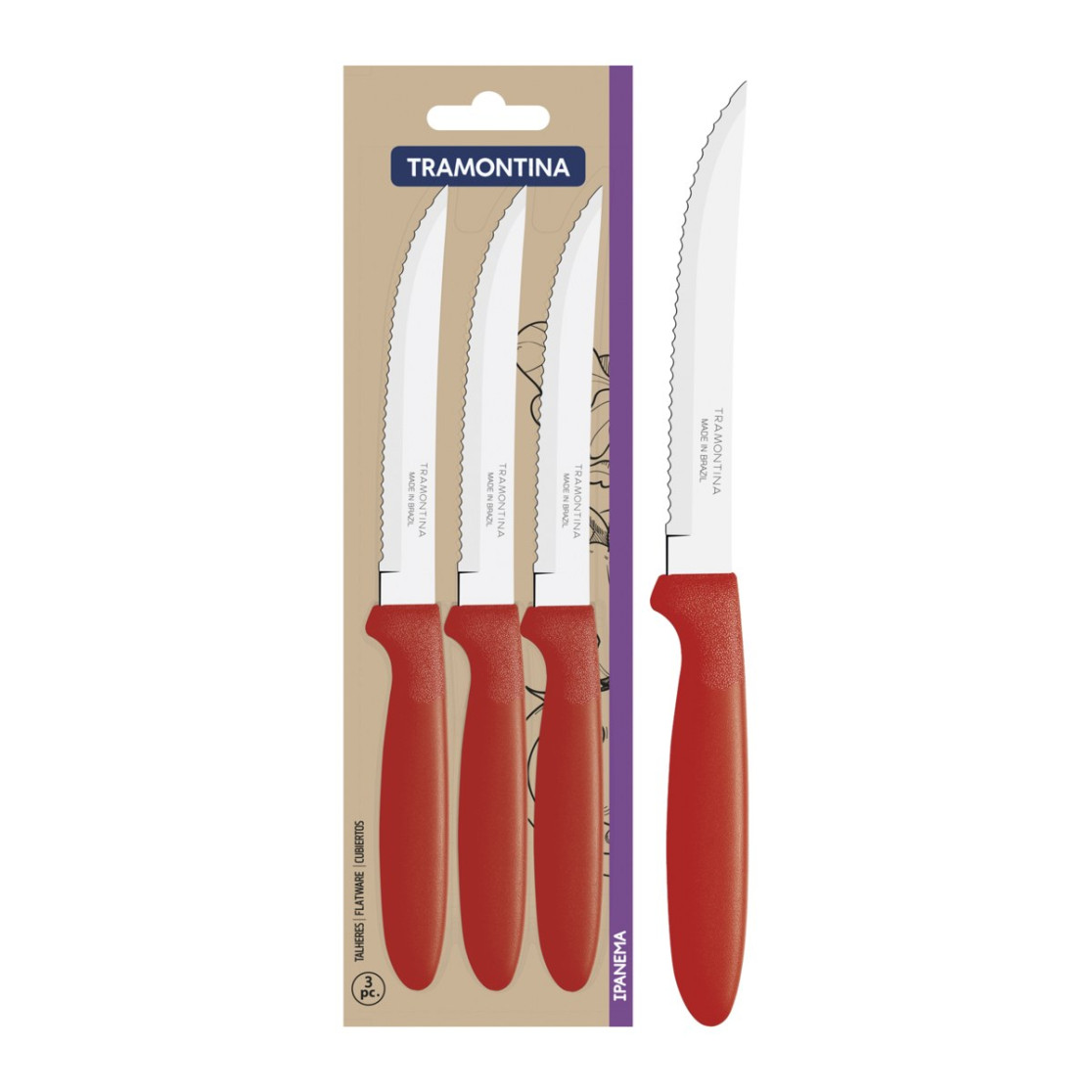 Conjunto de Facas para Churrasco Tramontina Ipanema com Laminas em Aço Inox e Cabos de Polipropileno Vermelho 3 Peças