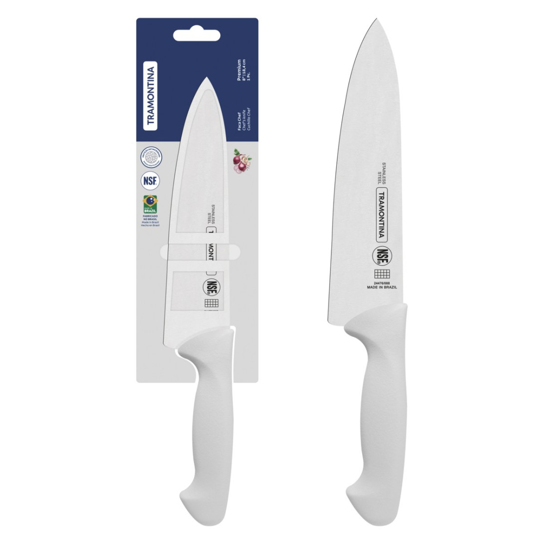 Faca Chef Tramontina Premium com Lamina em Aço Inox e Cabo de Polipropileno Branco 8