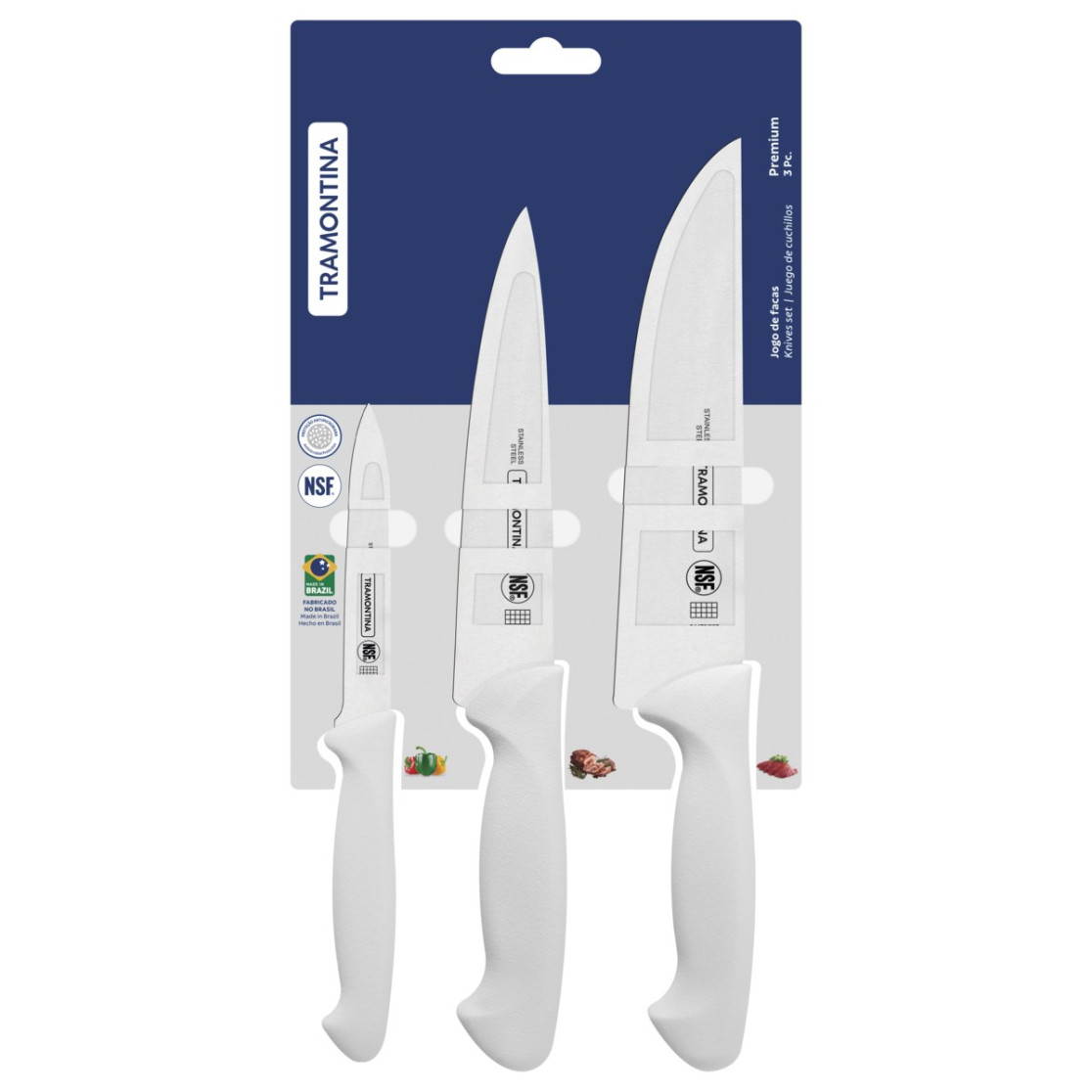 Jogo de Facas Tramontina Premium com Laminas em Aço Inox e Cabos de Polipropileno Branco 3 Peças