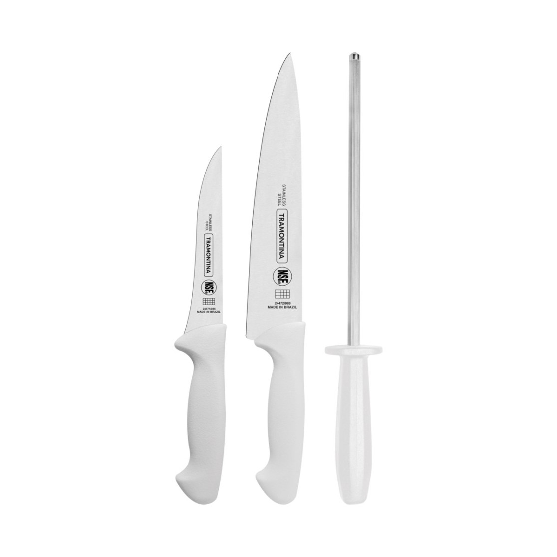 Jogo de Facas Tramontina Premium com Laminas em Aço Inox e Cabos de Polipropileno Branco com Chaira 3 Peças