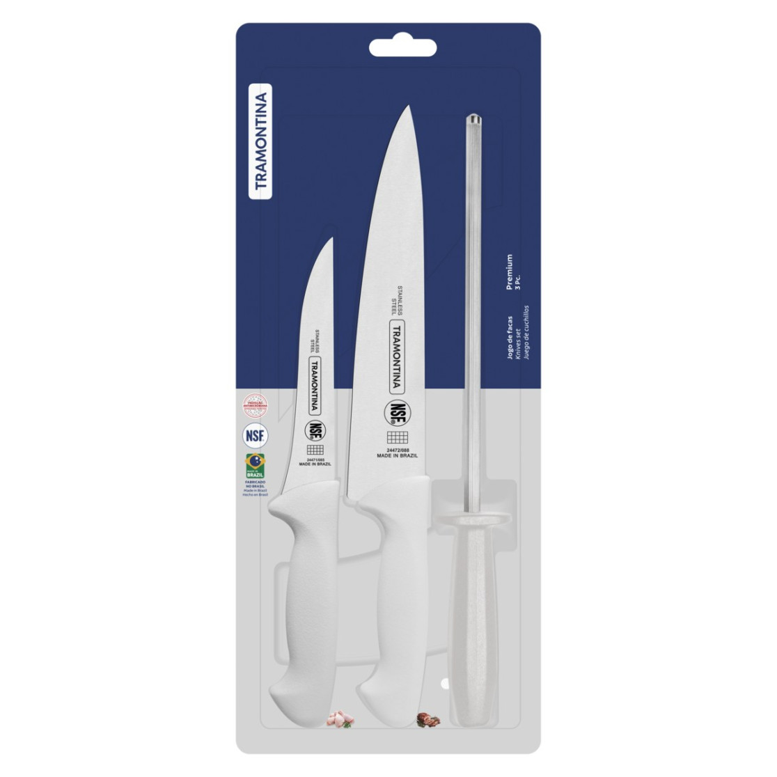 Jogo de Facas Tramontina Premium com Laminas em Aço Inox e Cabos de Polipropileno Branco com Chaira 3 Peças