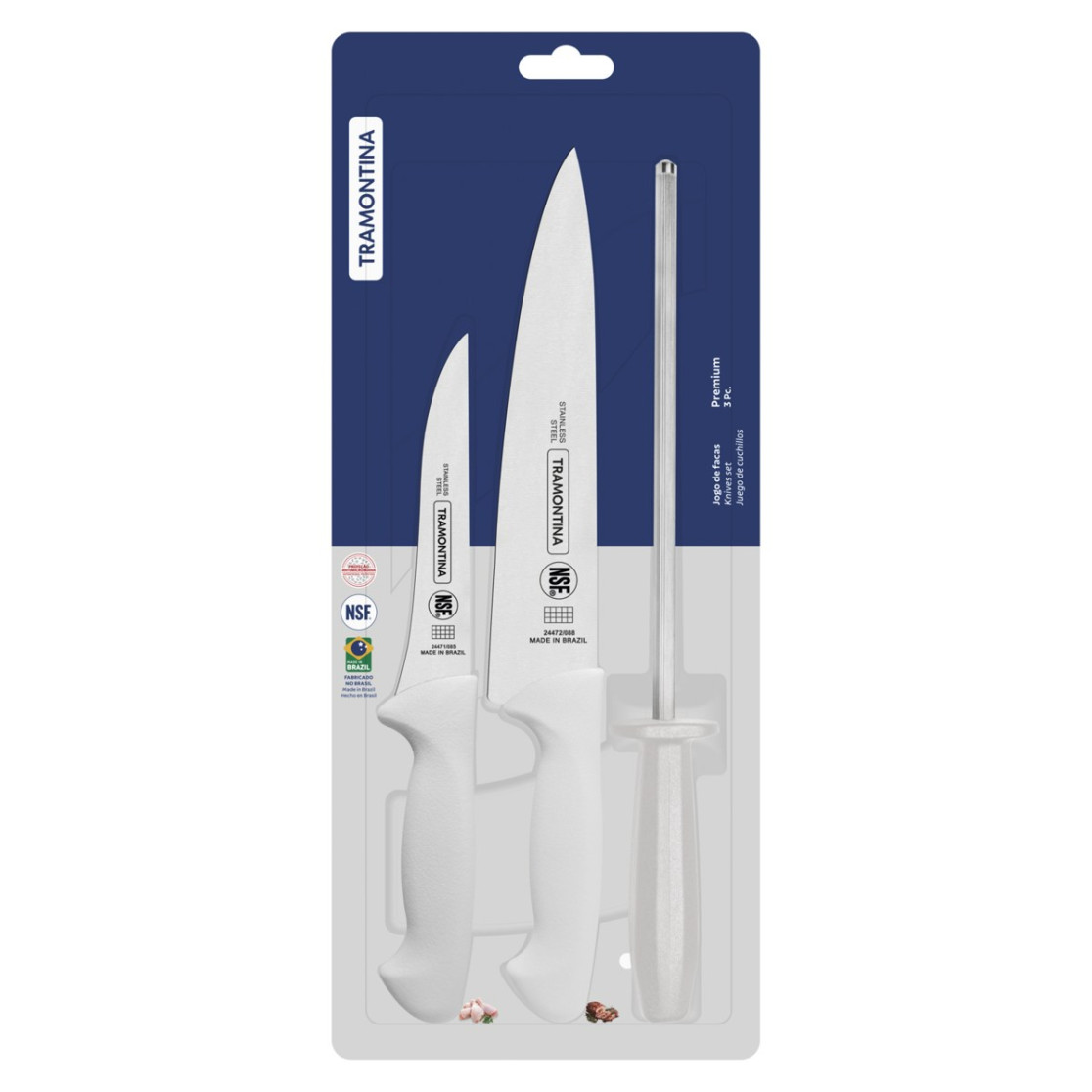 Jogo de Facas Tramontina Premium com Laminas em Aço Inox e Cabos de Polipropileno Branco com Chaira 3 Peças