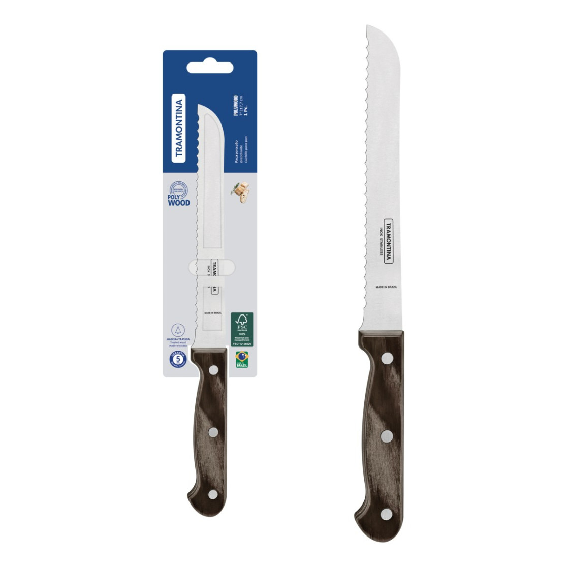 Faca para Pão Tramontina Polywood com Lamina em Aço Inox e Cabo de Madeira Castanho 7