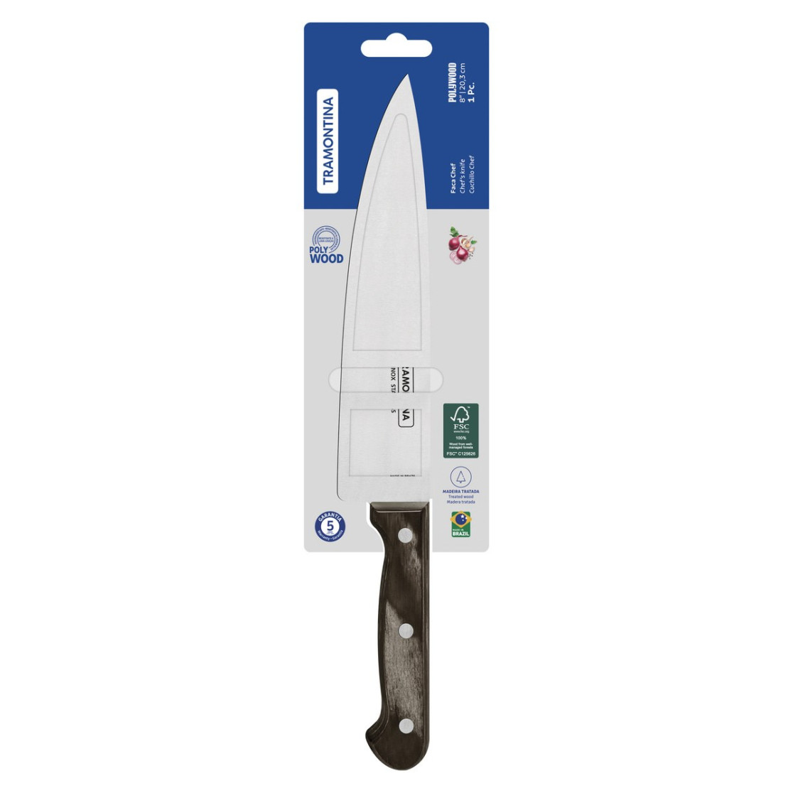 Faca Chef Tramontina Polywood com Lamina em Aço Inox e Cabo de Madeira Castanho 8