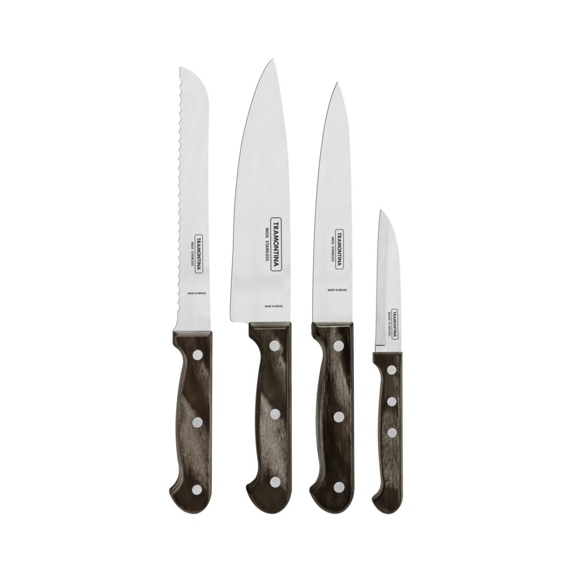 Jogo de Facas Tramontina Polywood com Laminas em Aço Inox e Cabos de Madeira Castanho 4 Peças