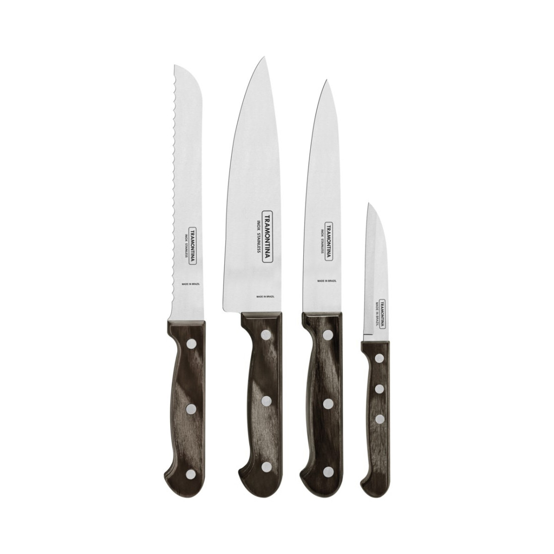 Jogo de Facas Tramontina Polywood com Laminas em Aço Inox e Cabos de Madeira Castanho 4 Peças