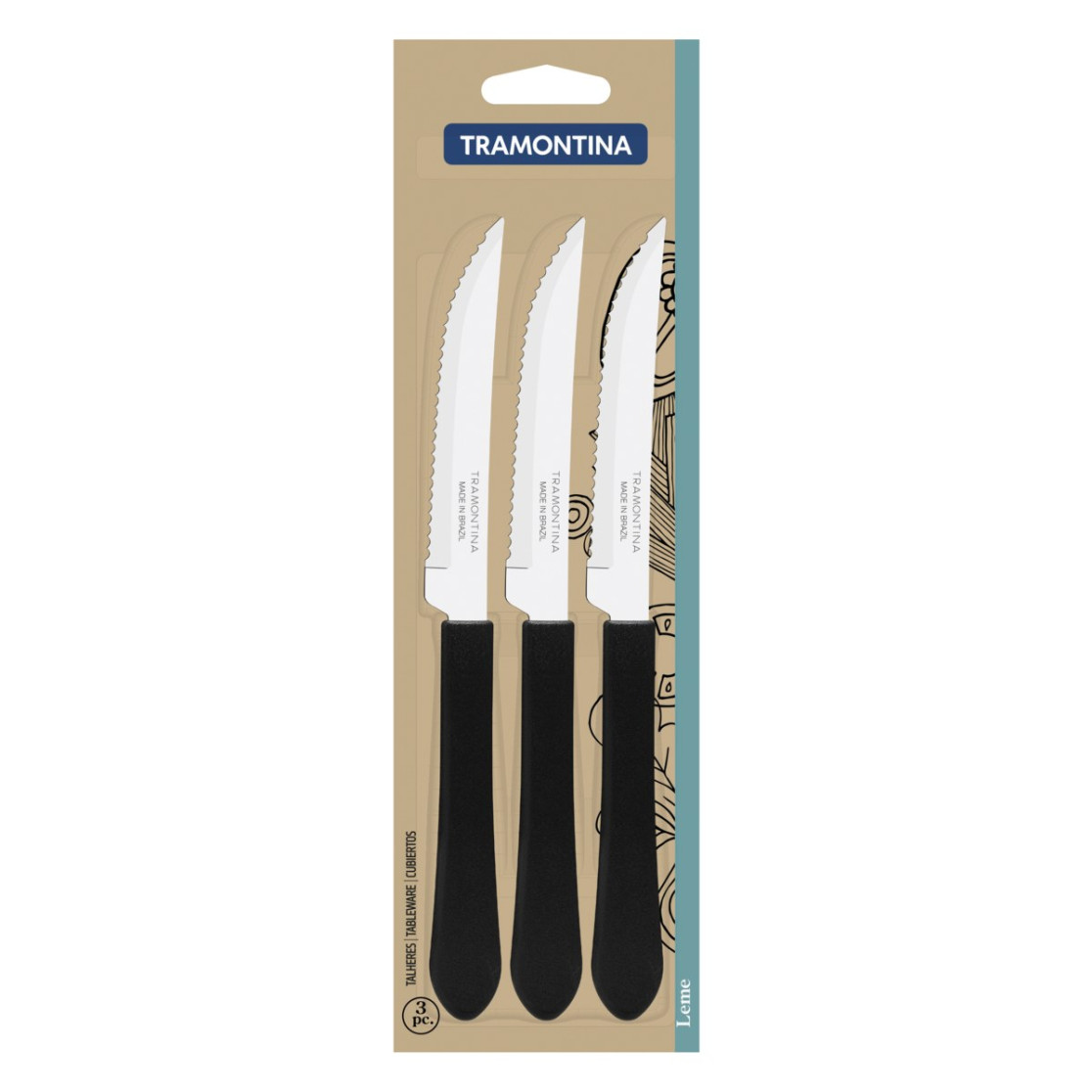 Conjunto de Facas para Churrasco Tramontina Leme com Lâminas em Aço Inox e Cabos de Polipropileno Preto 3 Peças
