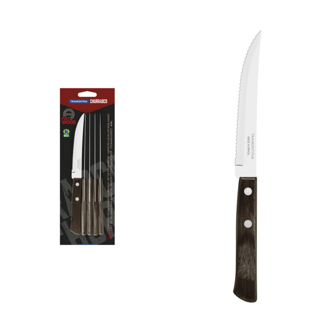 Conjunto de Facas para Churrasco Tramontina 5" em Aço Inox com Cabo Castanho Polywood 6 Peças