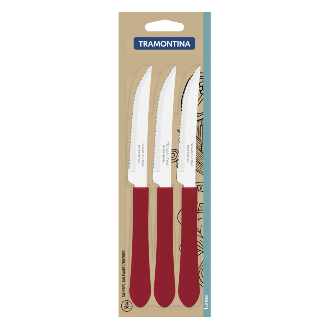 Conjunto de Facas para Churrasco Tramontina Leme com Lâminas em Aço Inox e Cabos de Polipropileno Vermelho 3 Peças