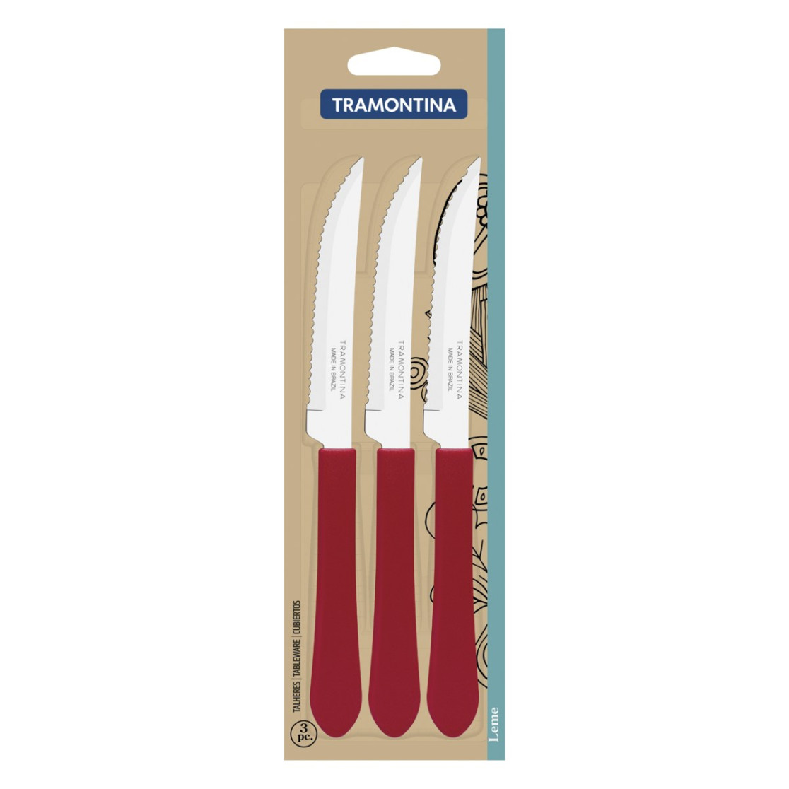 Conjunto de Facas para Churrasco Tramontina Leme com Lâminas em Aço Inox e Cabos de Polipropileno Vermelho 3 Peças