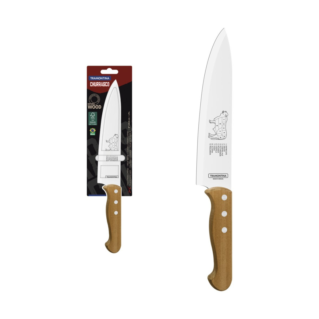 Faca para Carne Tramontina Churrasco com Laminas em Aço Inox e Cabo de Madeira Natural 8