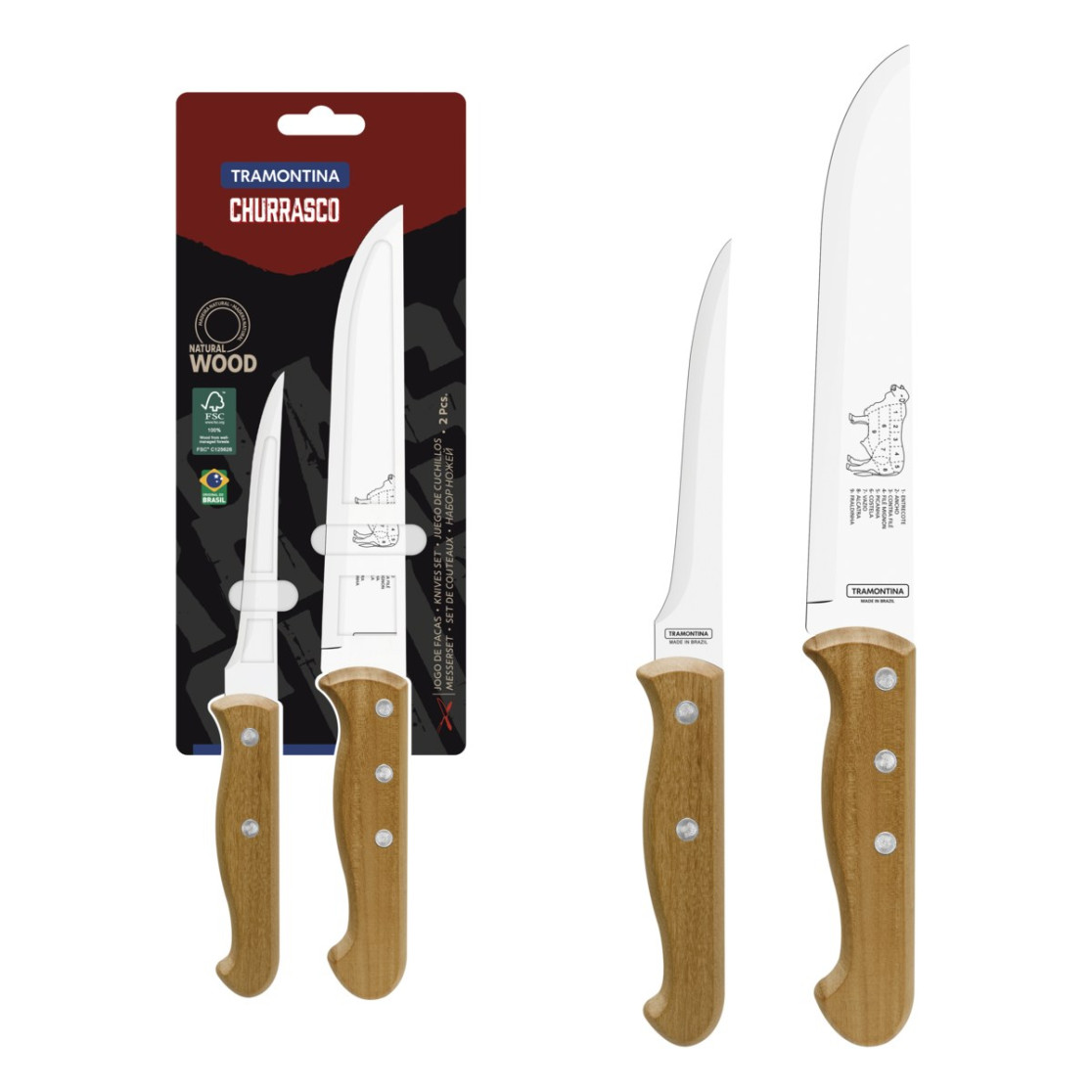 Jogo de Facas Tramontina Churrasco com Laminas em Aço Inox e Cabos em Madeira Natural 2 Peças