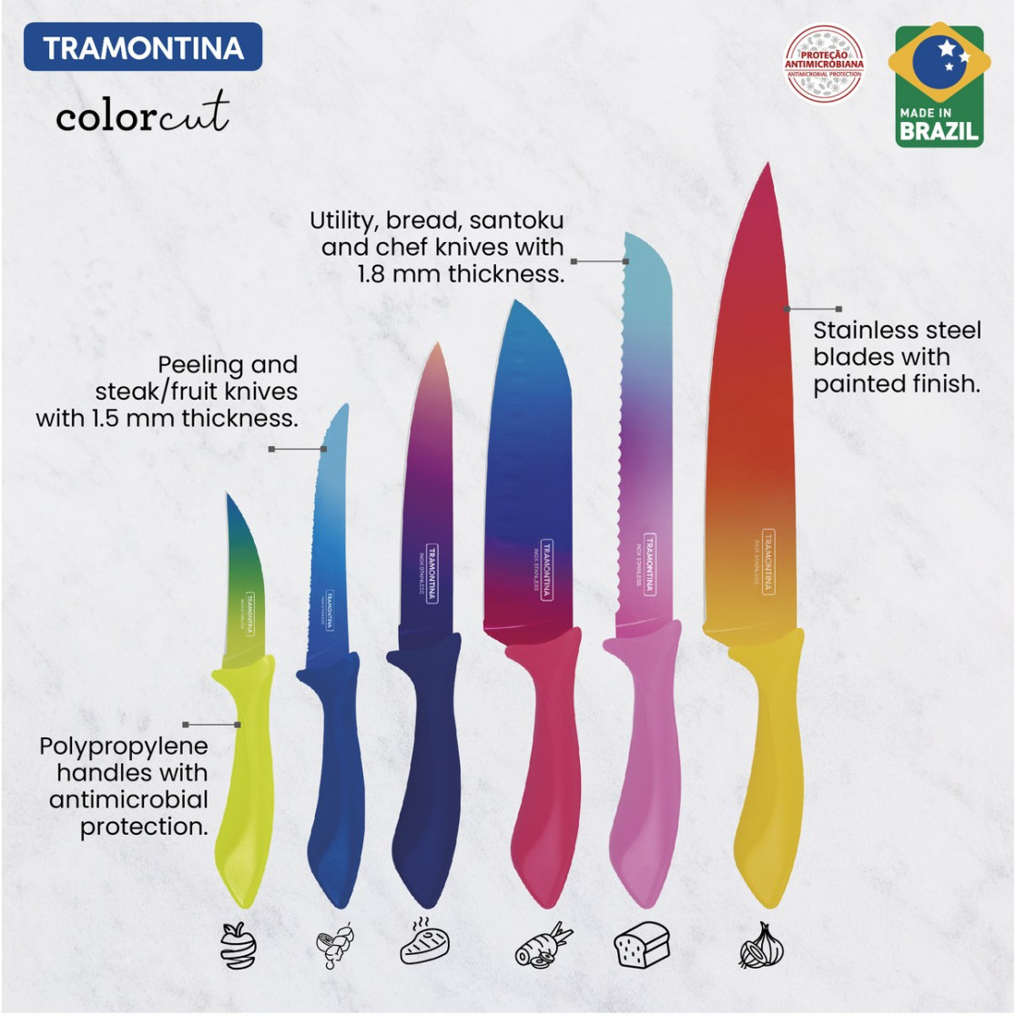 Jogo de Facas Tramontina Colorcut com Laminas em Aço Inox e Cabos de Polipropileno Pintado 06 Peças