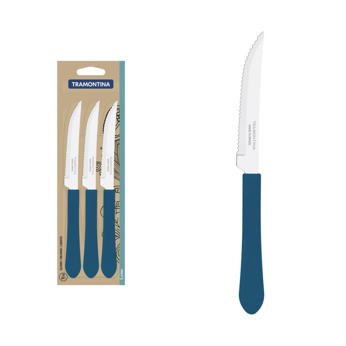Conjunto de Facas para Churrasco Tramontina Leme com Laminas em Aço Inox e Cabos de Polipropileno Azul Oceano 3 Peças