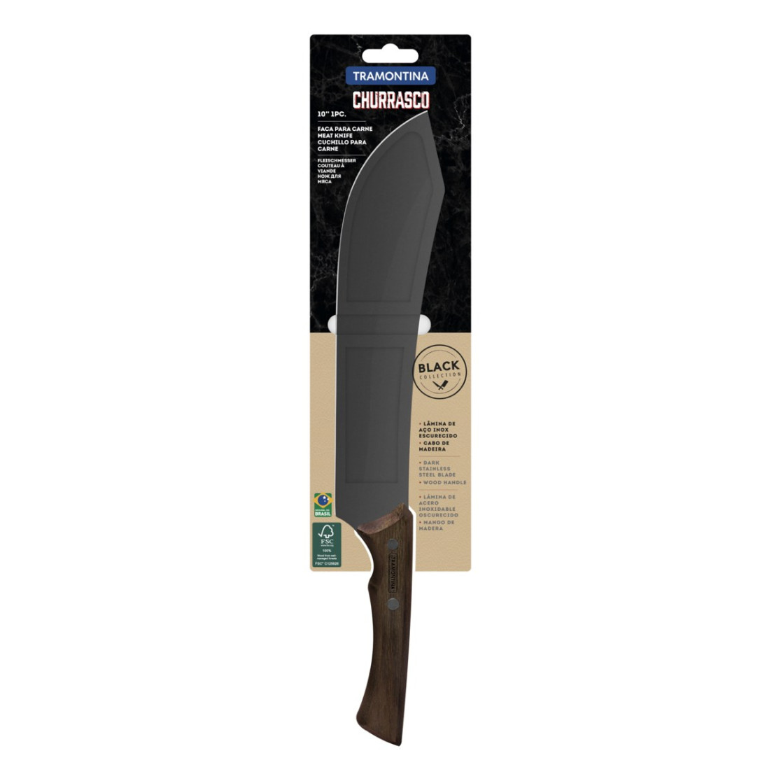 Faca para Carne Tramontina Churrasco Black com Lamina de Aço Inox Escurecido e Cabo de Madeira 10 polegada