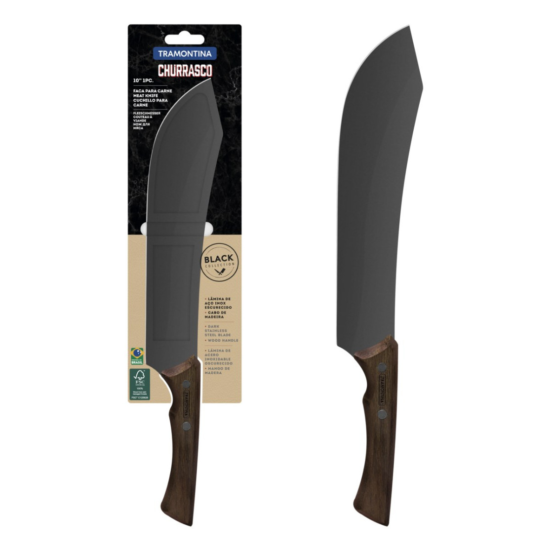 Faca para Carne Tramontina Churrasco Black com Lamina de Aço Inox Escurecido e Cabo de Madeira 10 polegada