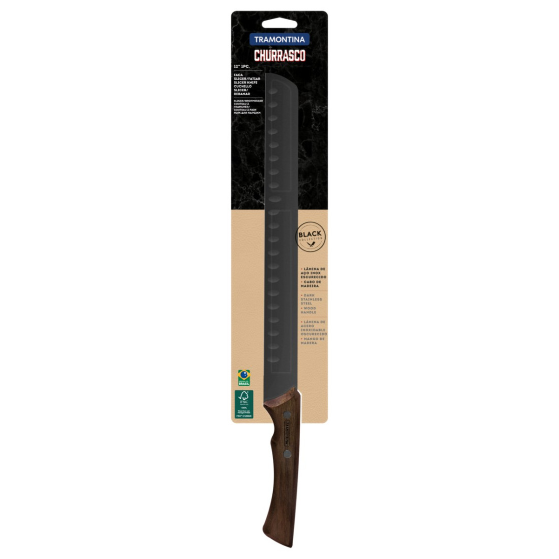 Faca para Fatiar Tramontina Churrasco Black com Lamina em Aço Inox Escurecido e Cabo de Madeira 12 polegada