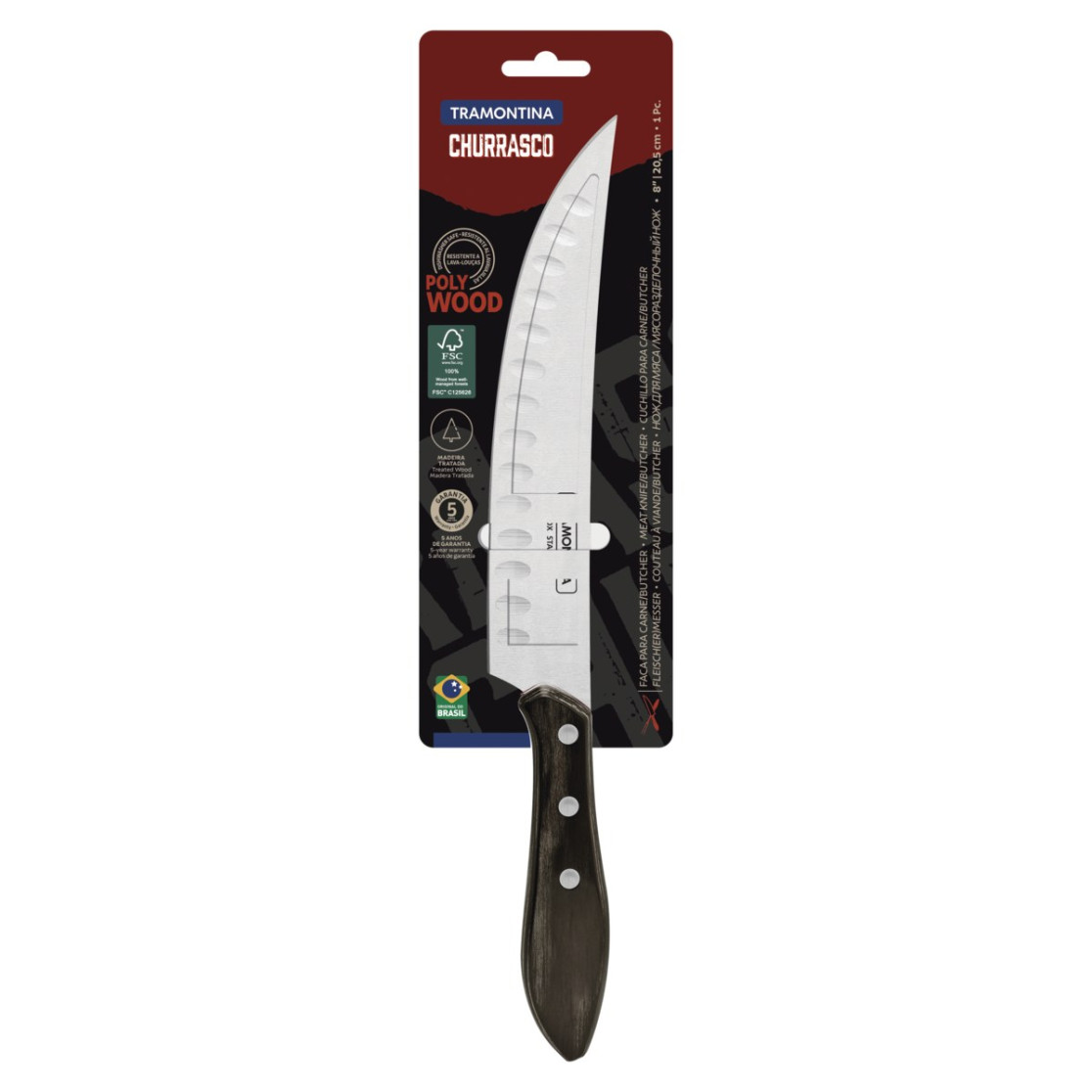 Faca para Carne Butcher Tramontina com Lâmina em Aço Inox e Cabo em Madeira Tratada Polywood Castanho 8 polegada