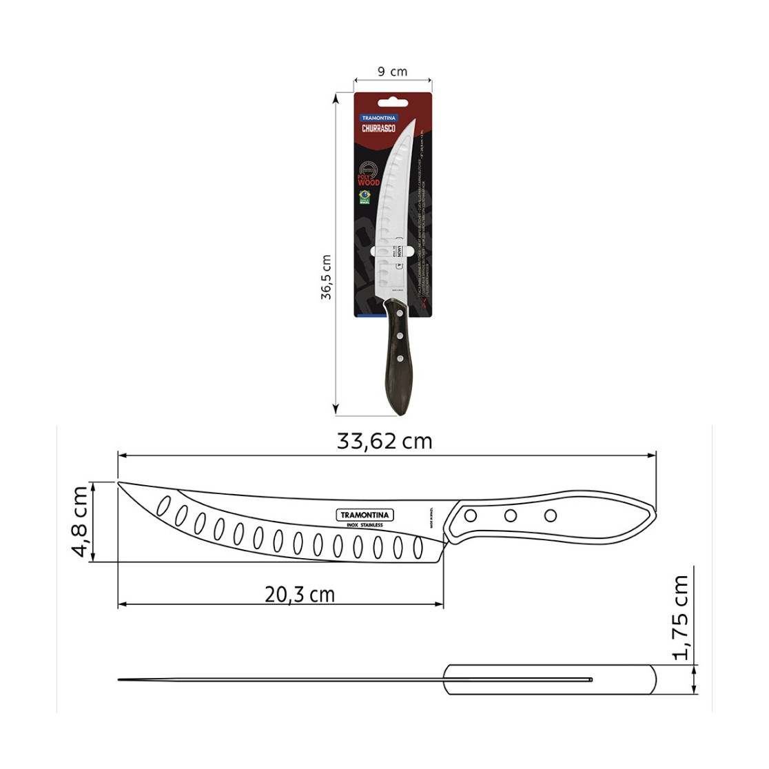 Faca para Carne Butcher Tramontina com Lâmina em Aço Inox e Cabo em Madeira Tratada Polywood Castanho 8 polegada
