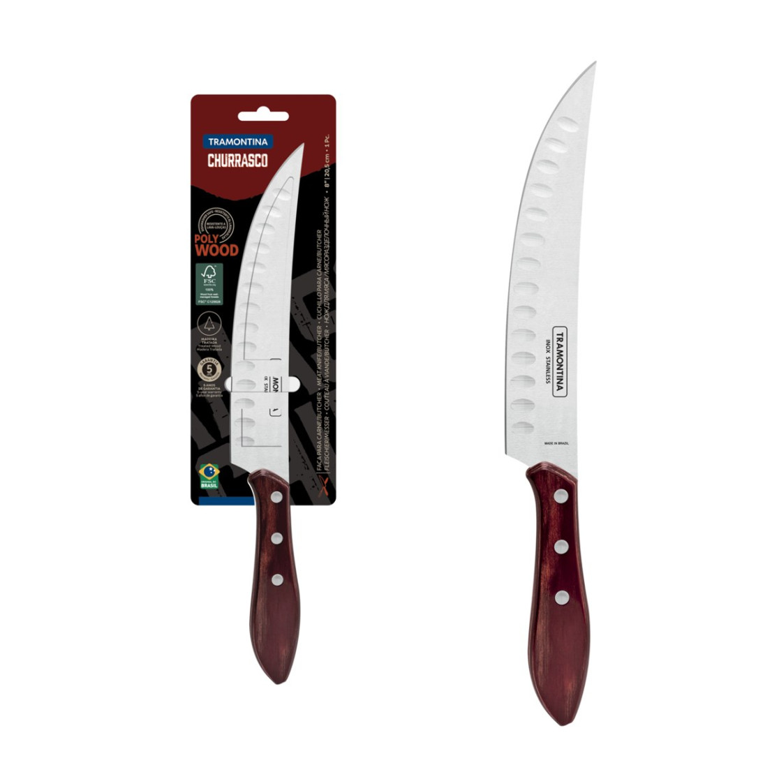Faca para Carne Butcher Tramontina com Lâmina em Aço Inox e Cabo em Madeira Tratada Polywood Vermelho 8 polegada