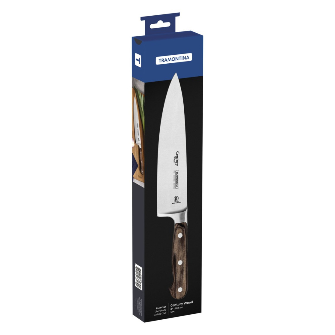 Faca Chef Tramontina Century Wood com Lâmina em Aço Inox e Cabo de Madeira Tratada Castanho 8 polegada