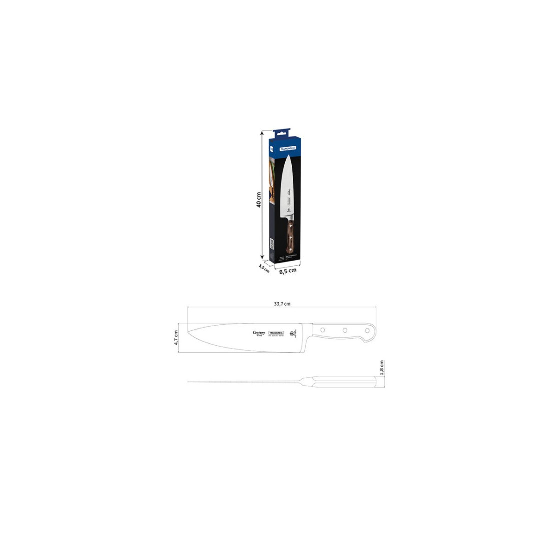 Faca Chef Tramontina Century Wood com Lâmina em Aço Inox e Cabo de Madeira Tratada Castanho 8 polegada