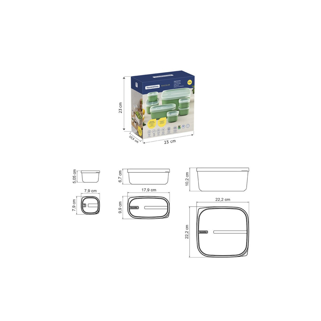 Conjunto de Potes Tramontina Mixcolor em Polipropileno na cor Verde Sálvia com Tampa Transparente 07 Peças