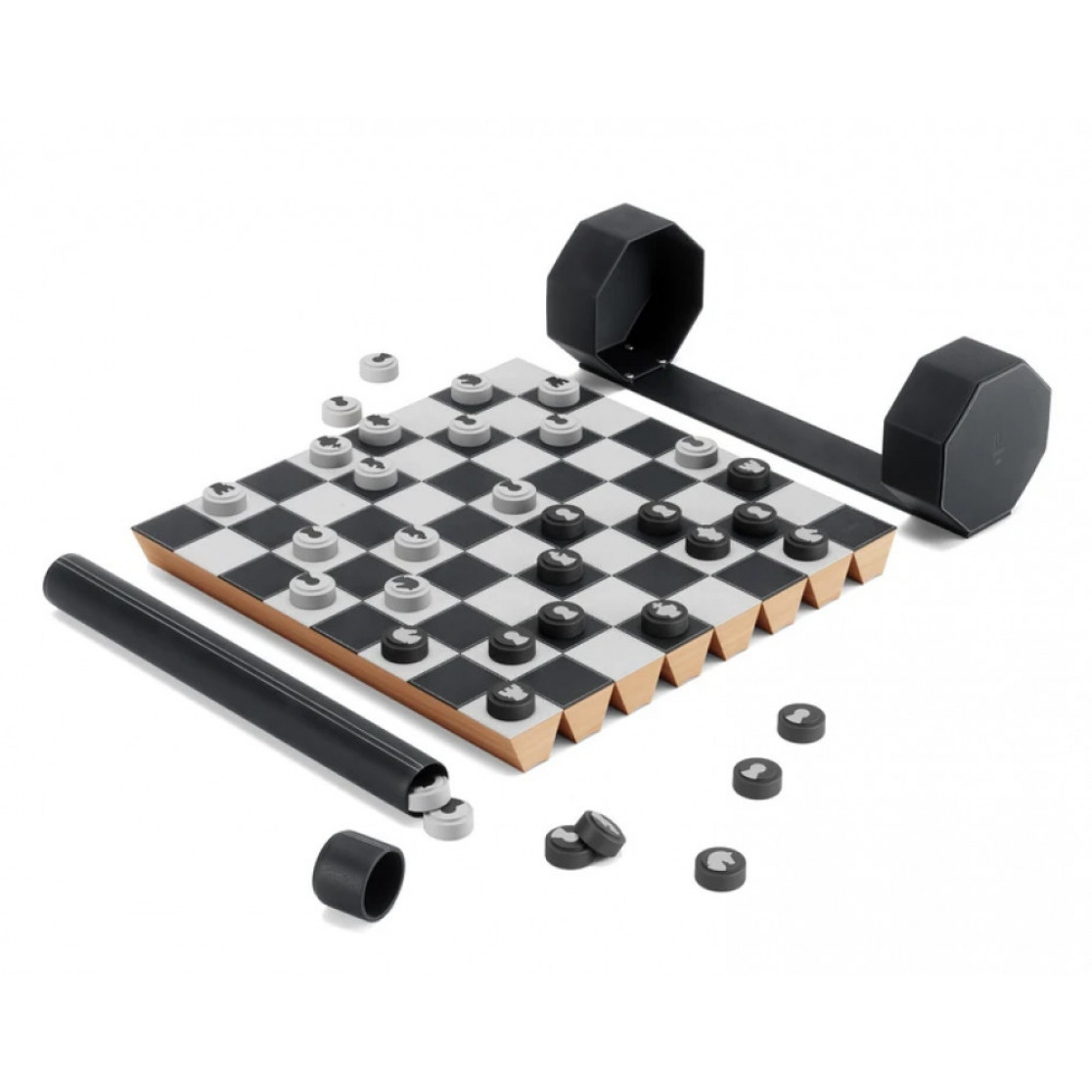 Jogo de xadrez e damas em madeira
