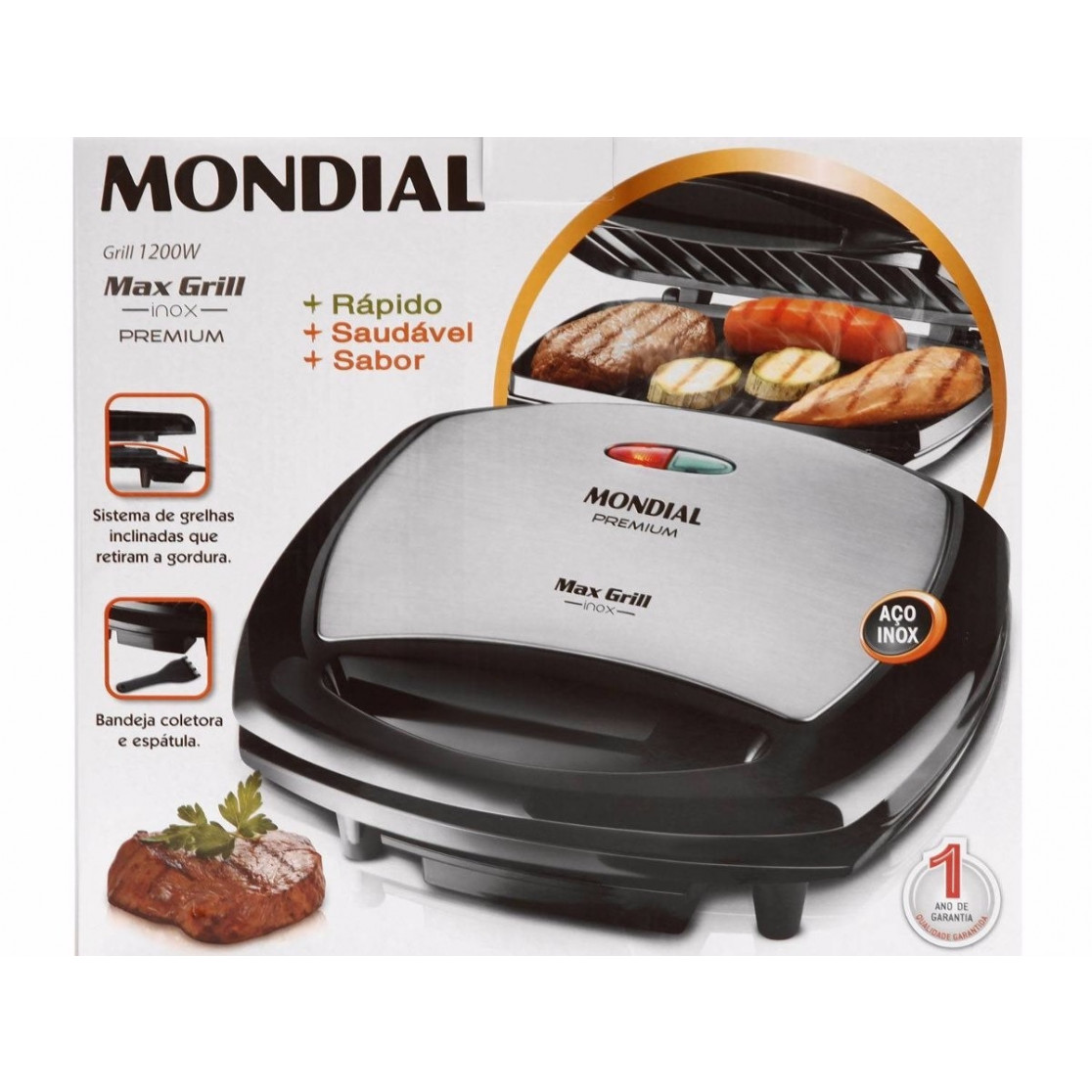 Grill Mondial G-07 Premium Max Grill com Espátula e Bandeja Coletora - Preto/Inox - 220V