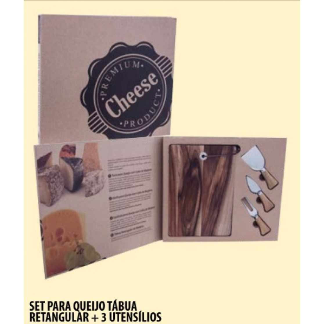 Set Para Queijo Tábua Retangular + 3 Utensílios