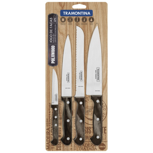 Jogo de Facas Tramontina Polywood com Laminas em Aço Inox e Cabos de Madeira Castanho 4 Peças