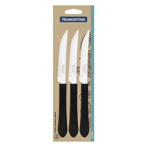 Conjunto de Facas para Churrasco Tramontina Leme com Lâminas em Aço Inox e Cabos de Polipropileno Preto 3 Peças