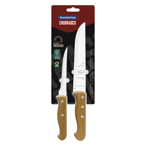 Jogo de Facas Tramontina Churrasco com Laminas em Aço Inox e Cabos em Madeira Natural 2 Peças