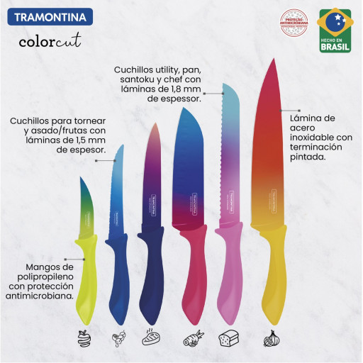 Jogo de Facas Tramontina Colorcut com Laminas em Aço Inox e Cabos de Polipropileno Pintado 06 Peças