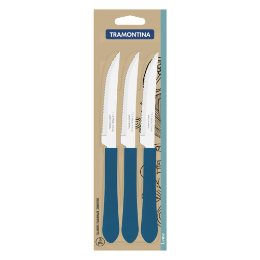 Conjunto de Facas para Churrasco Tramontina Leme com Laminas em Aço Inox e Cabos de Polipropileno Azul Oceano 3 Peças